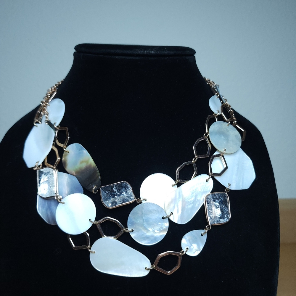 Mother Of  Pearl Crystal Necklace Triple Strand Gold Tone Chain 18.5"